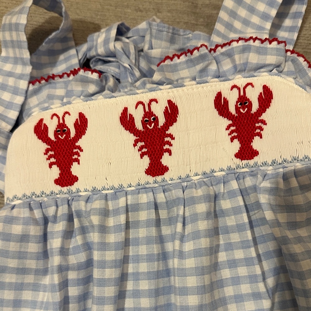 Girls Blue Gingham Dress with Red Embroidered Lobsters - Picture 3 of 3